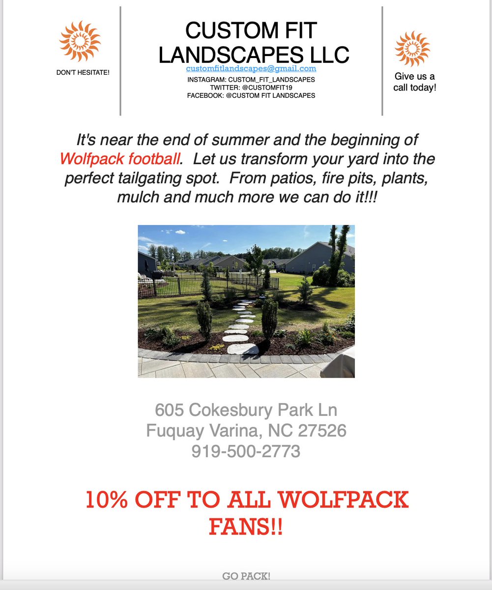 From hardscaping to landscaping, Custom Fit Landscapes is your SAVAGE go to in the Triangle. Let the guys know you support Savage Wolves and the Wolfpack and get 10% off!!!