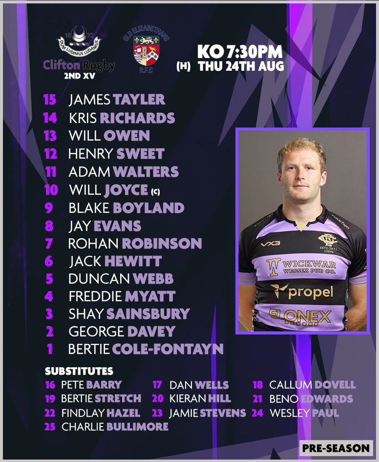 cliftonrugby's tweet image. Here we have it! The starting line-up for tomorrow's home game 🏉

Wanderers vs Old Elizabethans (H)
⏰ KO: 7:30pm
📍Clifton RFC, Station Rd, BS10 7TB

Come down and show your support! 💪

#ThursdayNightLights #cliftonrfc #cliftonrugby #teamsheet #homegame #rugby @OldEsRFC