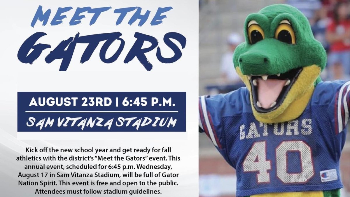 ➡️ Join us Wednesday, August 23rd at 6:45 p.m. at Sam Vitanza Stadium for a community-wide Gator Nation pep rally to introduce our fall sports teams!
