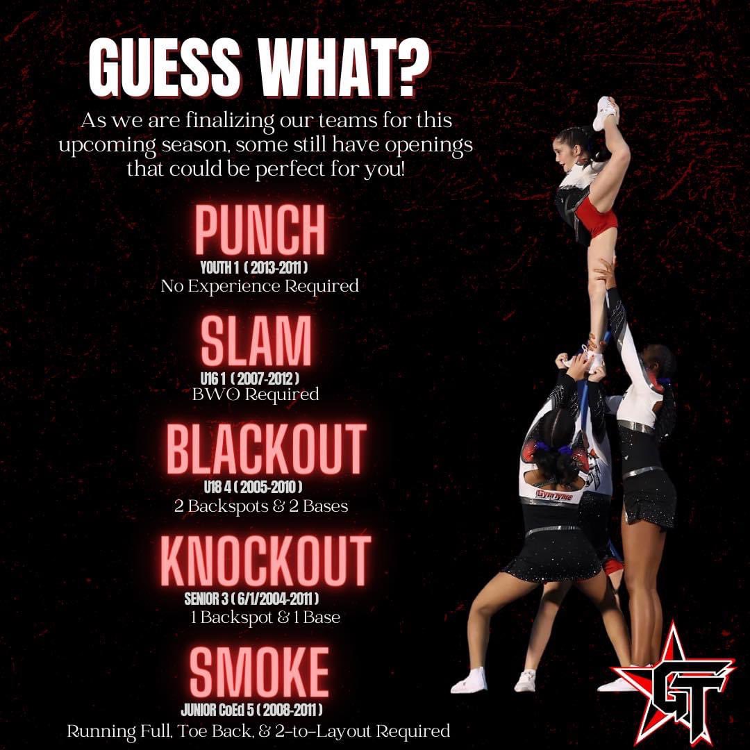 GymTyme All Stars (@gymtymeas) on Twitter photo GUESS WHAT!? We’re not done filling teams & It’s not too late to call GT home for the 2023-2024 season!
Email management@gymtymeallstars.com for questions and concerns!! We hope to hear from you soon!! GUESS WHAT!? We’re not done filling teams & It’s not too late to call GT home for the 2023-2024 season!
Email management@gymtymeallstars.com for questions and concerns!! We hope to hear from you soon!!