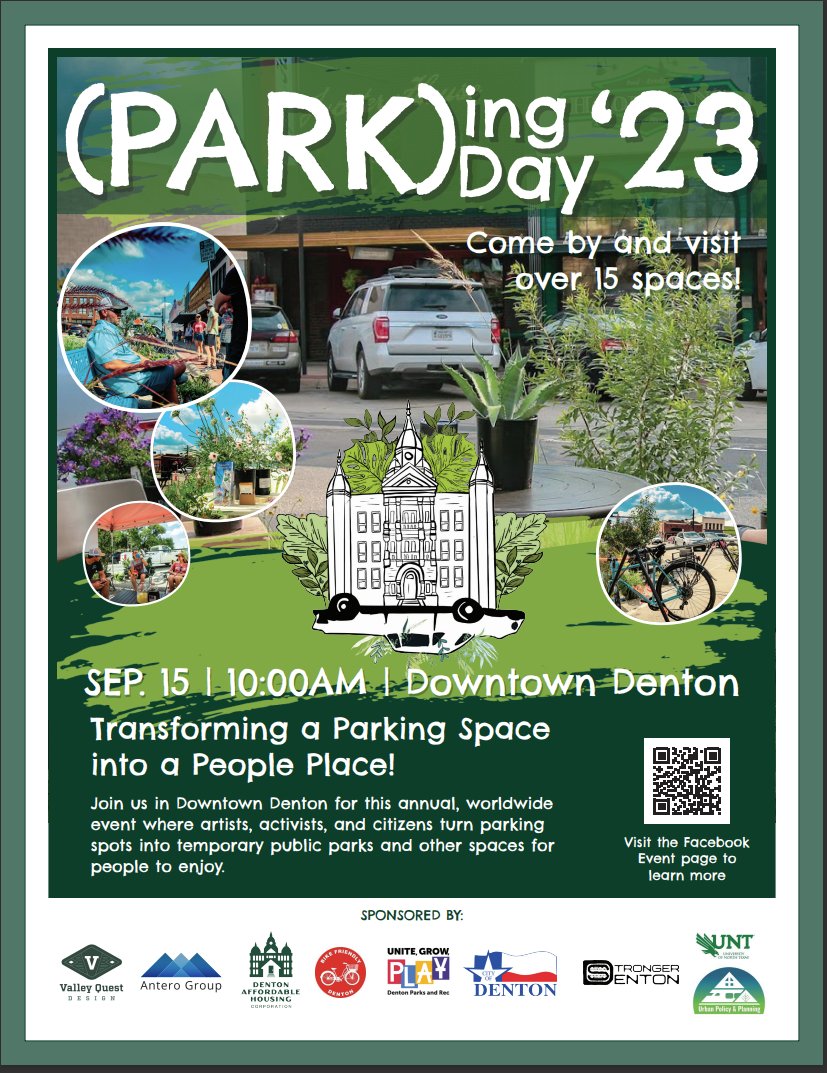 UNT_AERI's tweet photo. Join us this Friday September 15 at the annual celebration for Parking Day on Denton Square from 10:00am - 4:00pm. See you there!  💚 https://t.co/GSTyd2ZWp9