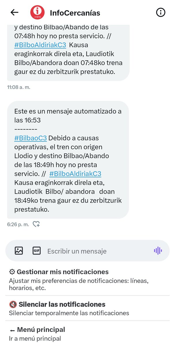 ItziGL's tweet photo. @Inforenfe @afecerbi el nivel de abandono al usuario es surrealista. A las 16:53 saben que van a cancelar el tren 18:49 desde Llodio hacia Bilbao. Tampoco sale el de las 18:20. A 41-42°C, en estaciones sin AC, baños ni máquinas de agua. NI TRANSPORTE ALTERNATIVO. NI NINGUNA INFO https://t.co/eRcaoYIBJg