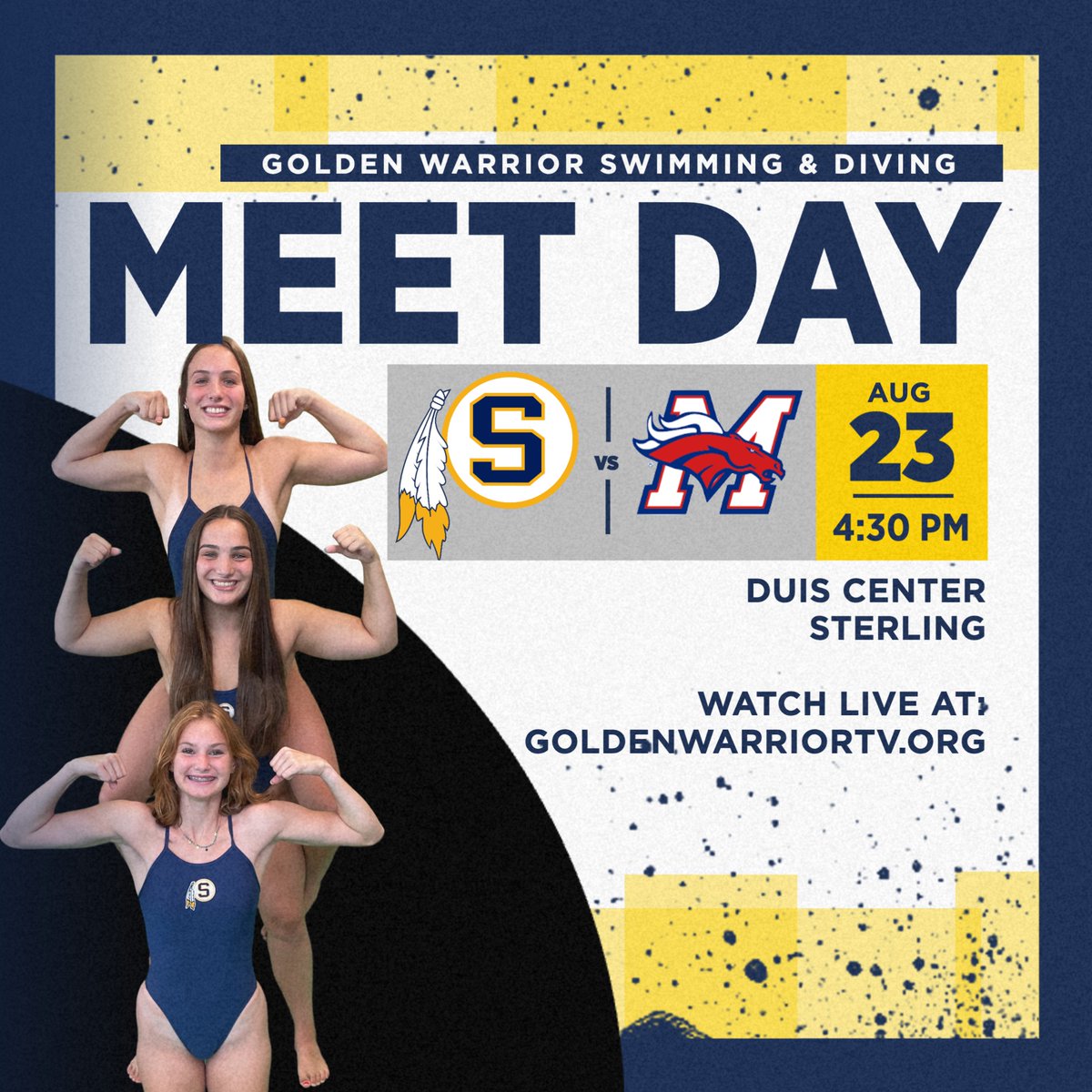 shs_gldnwarrior's tweet photo. It’s the season-opener for Girls Swimming & Diving today against Morrison!
Catch the action live on #GoldenWarriorTV.
#GOldenWARRIORS #BeatMorrison @shs_swimdive https://t.co/nCkUifo59e