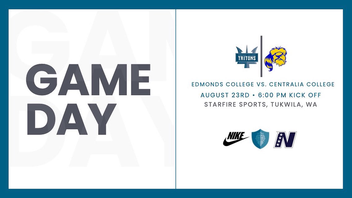 Edmonds College Men's Soccer (@edmonds_msoc) on Twitter photo Game Day! 🔱⚽️ We finish up our NWAC friendlies tonight against Centralia College. 
6:00 pm kick off on Field 3, Starfire Sports Complex. See you there! #TritonPride Game Day! 🔱⚽️ We finish up our NWAC friendlies tonight against Centralia College. 
6:00 pm kick off on Field 3, Starfire Sports Complex. See you there! #TritonPride