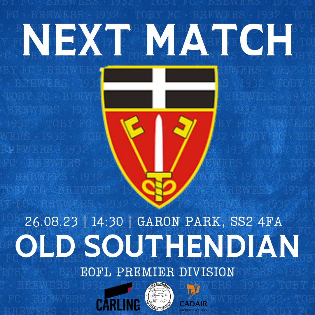 NEXT MATCH🍻

📅 26th August 23
🆚 <a href="/OSFC_FND/">Old Southendian</a> 
🏟️ Garon Park, Eastern Avenue, Southend, SS2 4FA
⚽️ EOFL Premier Division 
⏱️ 14:30KO 

UP THE TOBY🔵

#UTT #BREWERS