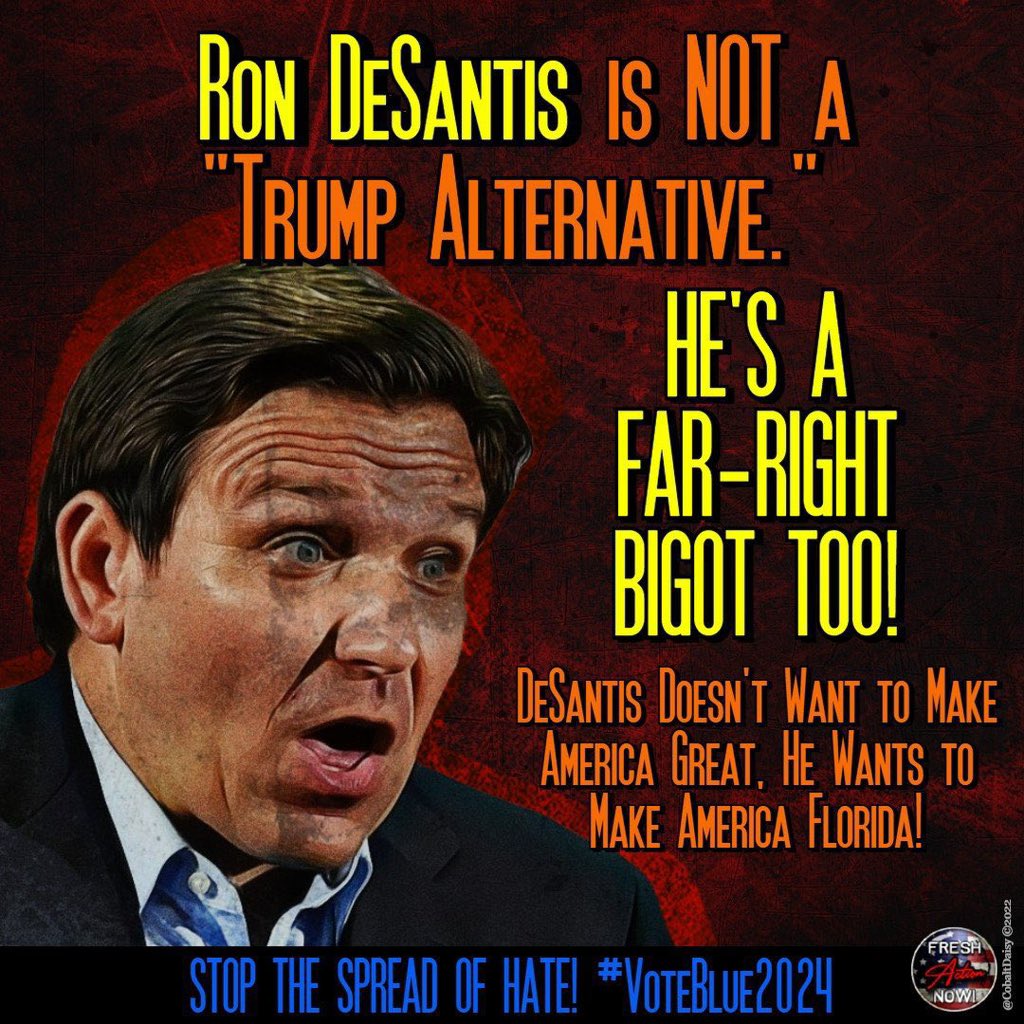 LqLana's tweet photo. Ron DeSantis wants to rule schools by banning books, diversity, and Blackness, if you don’t comply you will be investigated, possibly fined, or jailed. 

Ron DeSantis wants to rule your home by directing the state to take your trans children if you don’t obey him. He is banning the use of pronouns your child uses and wants to check their genitals. Don’t comply, you may be investigated or jailed. 

Ron DeSantis wants to rule businesses. He has banned workplace diversity and inclusion, if you do not obey you will be penalized and possibly fined. 

Ron DeSantis wants to rule uteruses. He wants to force you to give birth, no matter how old you are 10, 45 doesn’t matter. Rape, incest, life threatened, fetus non-viable. Doesn’t matter. You must obey. 

Small men rule by abusing power. 

One thing Glass Jaw DeSantis won’t be ruling today is that debate stage. 

DeSantis wants to bring his tyranny to the White House. He will be stopped. #FreshStrong #FreshVotesBlue