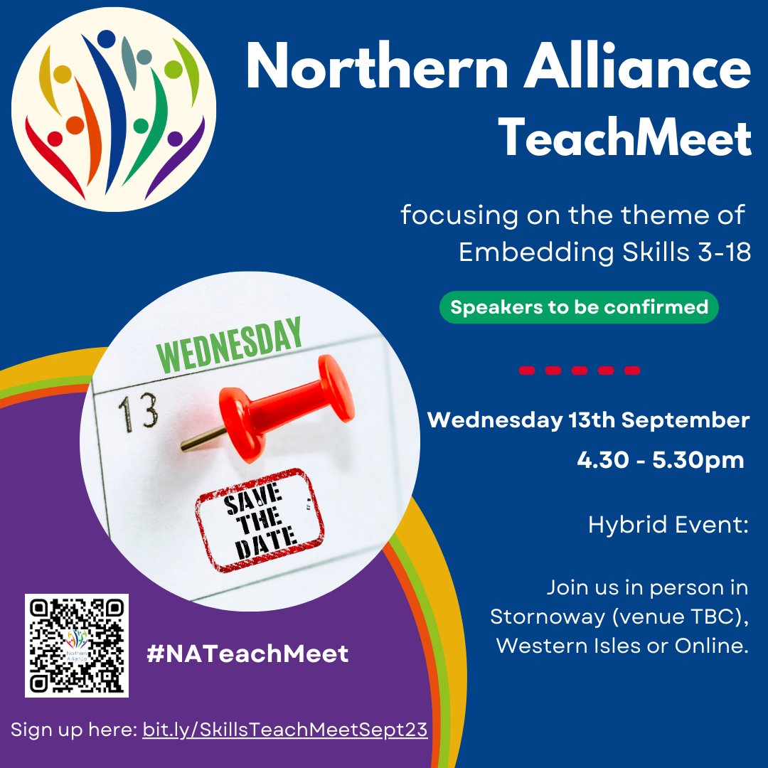 Northern Alliance (@nalliancescot) on Twitter photo Sign up for our next #NATeachMeet on 13th Sept @ 4.30pm focusing on Embedding Skills 3-18. Join our hybrid event with practitioners from across the Northern Alliance. Thanks to <a href="/MacleodDonald/">Donald Macleod</a> and <a href="/cne_siar/">Comhairle nan Eilean</a> for hosting us. bit.ly/SkillsTeachMee… Sign up for our next #NATeachMeet on 13th Sept @ 4.30pm focusing on Embedding Skills 3-18. Join our hybrid event with practitioners from across the Northern Alliance. Thanks to <a href="/MacleodDonald/">Donald Macleod</a> and <a href="/cne_siar/">Comhairle nan Eilean</a> for hosting us. bit.ly/SkillsTeachMee…