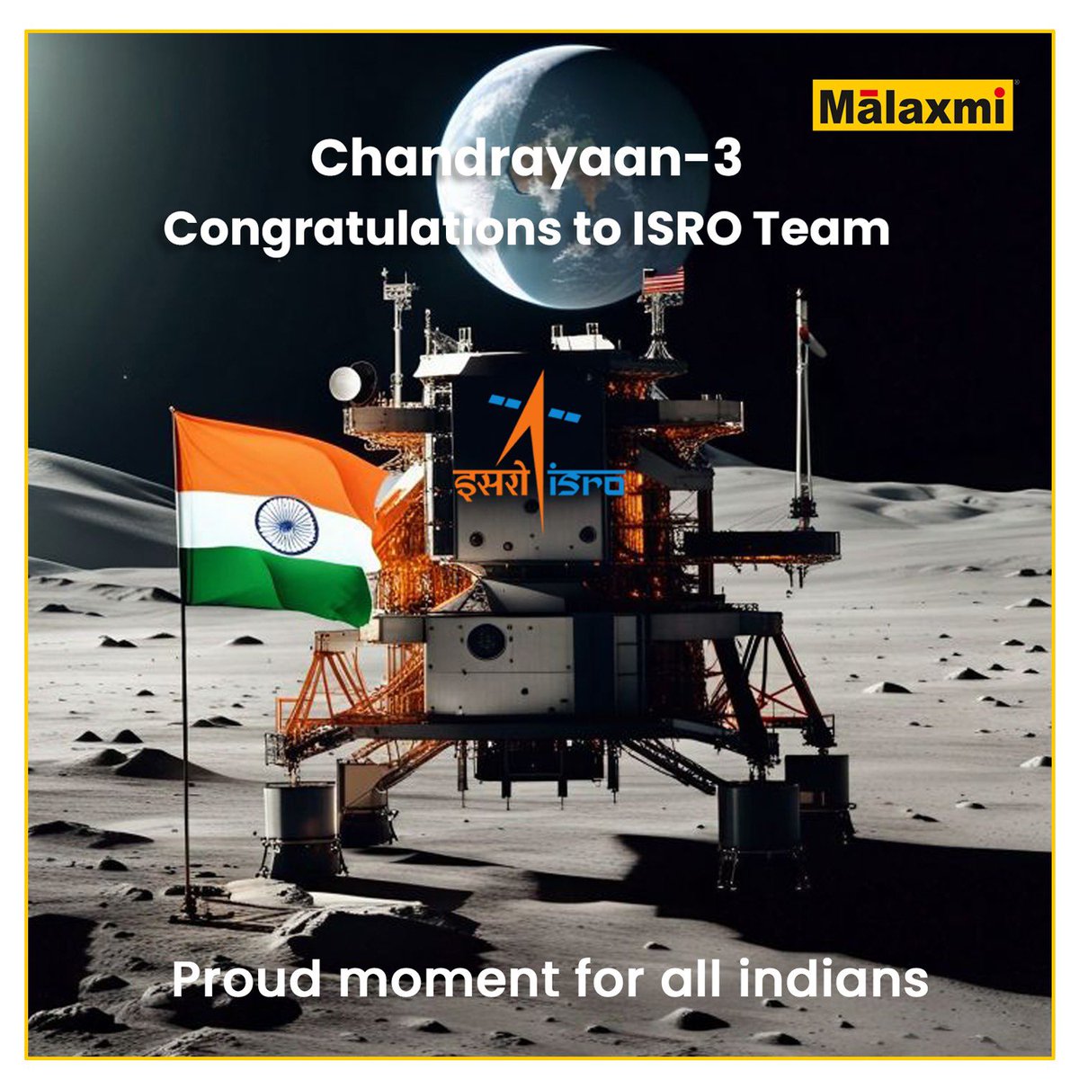 malaxmigroup's tweet photo. Proud moment for every indian chandrayaan-3 congratulations to ISRO Team #ChandrayaanTriumph #Chandrayaan3
#IndiaOnTheMoon #Chandrayaan_3 #ISRO
#india https://t.co/pVEolDtHDO