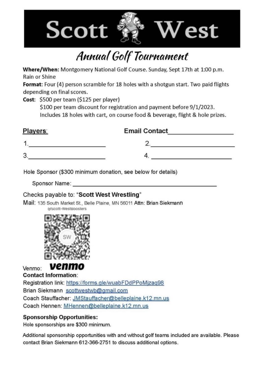SWPanthers's tweet image. Don’t forget to get your team registered for the annual Scott West golf tournament!