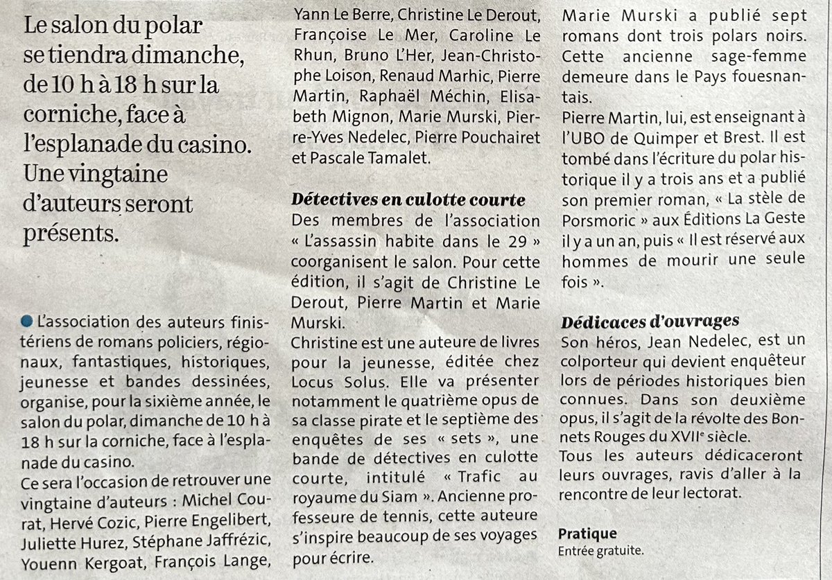 LederoutC's tweet photo. ☀️Article Telegramme paru ce jour ! 
Salon du polar le dimanche 27 août à Benodet de 10h à 18h. Gratuit. 📚
#Benodet
#Salondulivrepoliciers
#Jeunesse
#4sets
#classepirates 
#Bretagne https://t.co/bJl1arkYGx