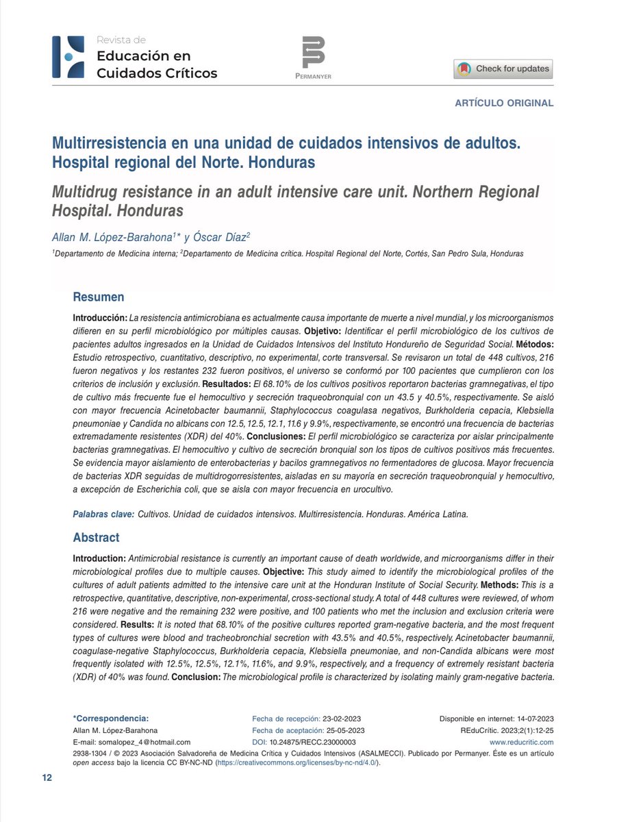 ASALMECCI's tweet photo. 📘📘📘 #REduCritic 📘📘📘

Multirresistencia en una unidad de cuidados intensivos de adultos. Hospital regional del Norte. Honduras

Disponible en la https://t.co/CsZV99rOcM

Descarga - Lee - Comparte

#asalmecci @COCECATI https://t.co/YdTwf67DaB