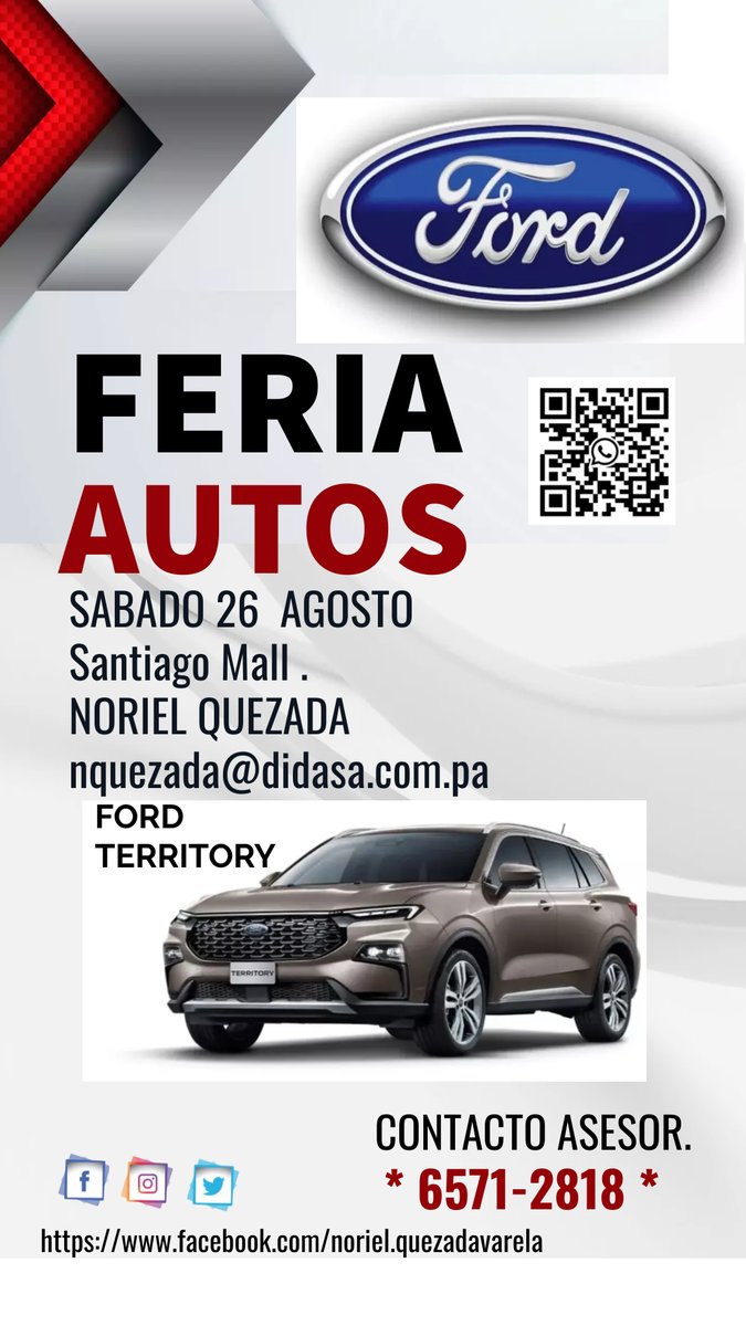 NorielQuezada's tweet photo. Asesor Ford. 
Distribuidora David ford .
SABADO 26
10AM   en adelante.
cotizaciones , bancos .
preguntar por Noriel Quezada 
SANTIAGO MALL.  
Cel.6830-8771 https://t.co/YeL3fDD0Xa