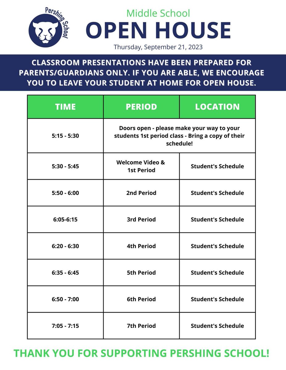 Middle School Parents and Guardians: Please join Thursday, Sept. 21st for Open House!

You will follow your students schedule to ensure you are hearing about your child’s classes.
