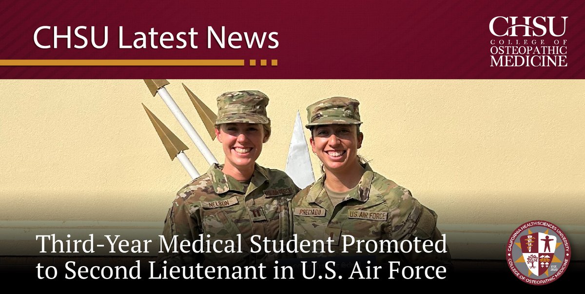 CHSU third-year medical student Chelsey Preciado was promoted to Second Lieutenant in the United States Air Force.

Preciado is among seven CHSU-COM students recently promoted within the U.S. military. Read more about Preciado's achievements ▶️ ow.ly/i2JT50PCxvI
