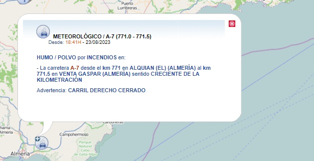 E112Andalucia's tweet photo. ⚠️ ¡Atención! Cortado el carril derecho de la A-7 a la altura del kilómetro 771  en sentido #Málaga por el #IFAlmería 
➡️ Sigue indicaciones de paneles informativos y de operativos, extrema la precaución
@Plan_INFOCA https://t.co/kWXdVeNP5o