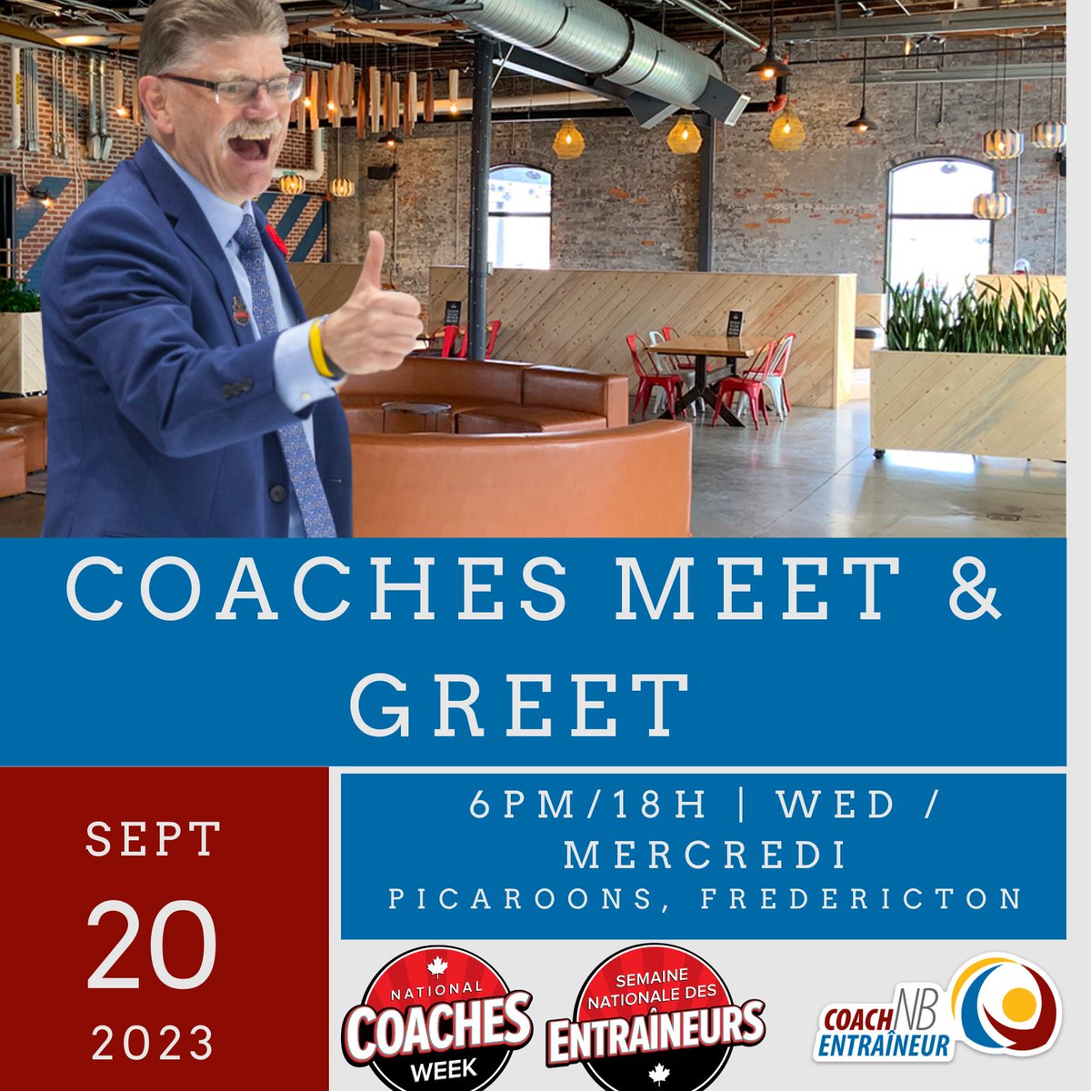 Salut les entraîneurs ! Rejoignez-nous ce mercredi 20 septembre à 18h à Picaroons pour célébrer la Semaine nationale des entraîneurs ! De plus, il y aura une rencontre avec l'entraîneur-chef de l'équipe de hockey masculin UNB Reds, Gardiner MacDougall!