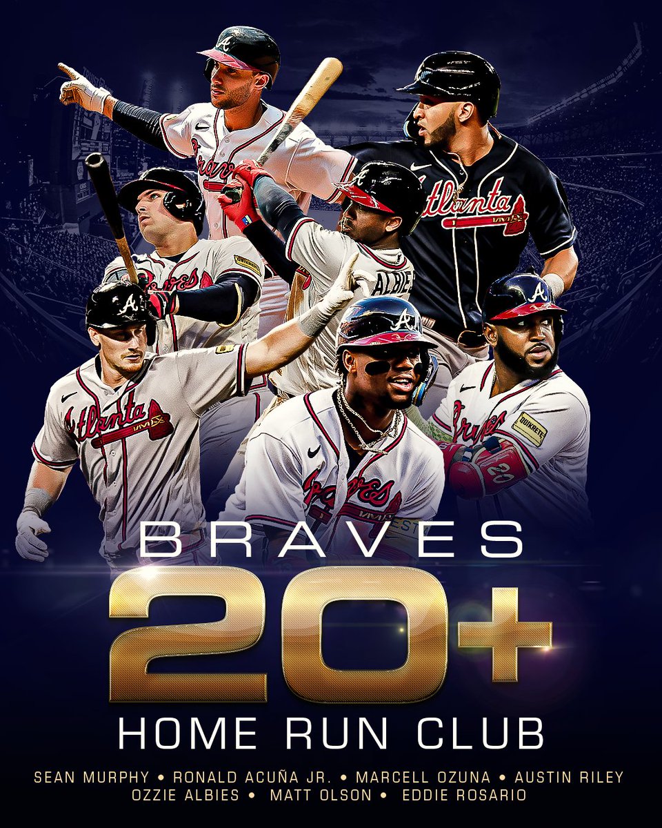 MLB's tweet image. Coming soon to the bleachers near you.

SEVEN different @Braves have already reached the 20-HR mark this season. 🤯