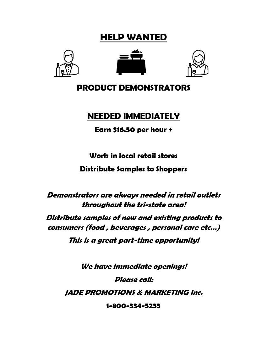 OceanCountyPIC's tweet photo. Jade Promotion &amp; Marketing is looking for demonstrator for Costco. If interested reach out to find out more information. https://t.co/SPtHKtZdqx