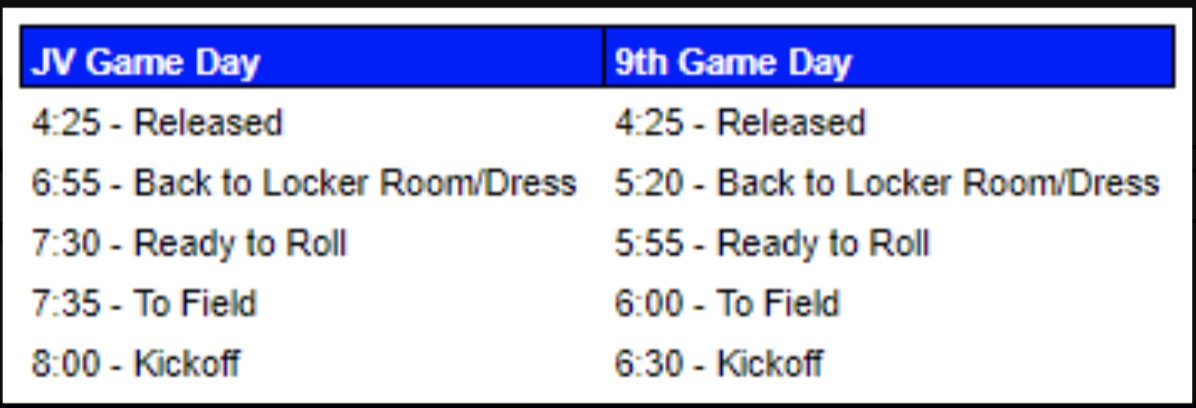 Just a reminder, Freshman and JV game times have been adjusted for today due to heat. Adjusted afternoon schedule is below.