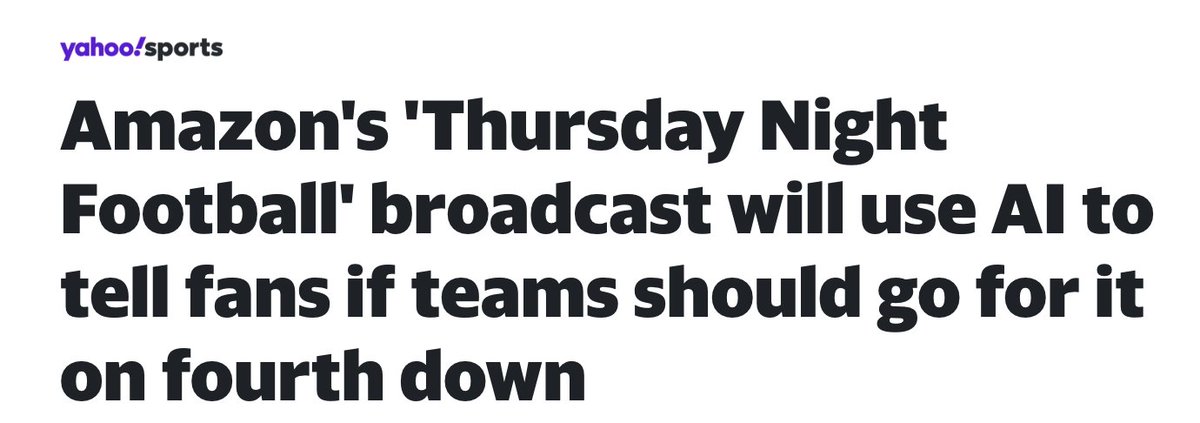 How do NFL football and AI go together? Check this out to see what is being planned. It totally reminds me of Malcolm Gladwell and his reference to statistics in his Revisionist History podcast series...and 'Pull the Goalie.' @Gladwell sports.yahoo.com/amazons-thursd…
