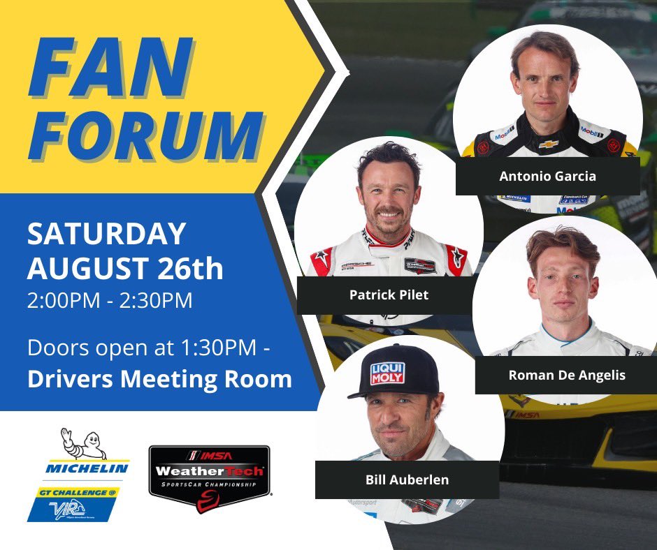 It’s race week and we’re adding a Fan Forum to our schedule! @PatrickPilet joins the panel this Saturday at track - stop by and have your questions ready! #IMSA | #PlaidPorsche | #FueledByDriveway