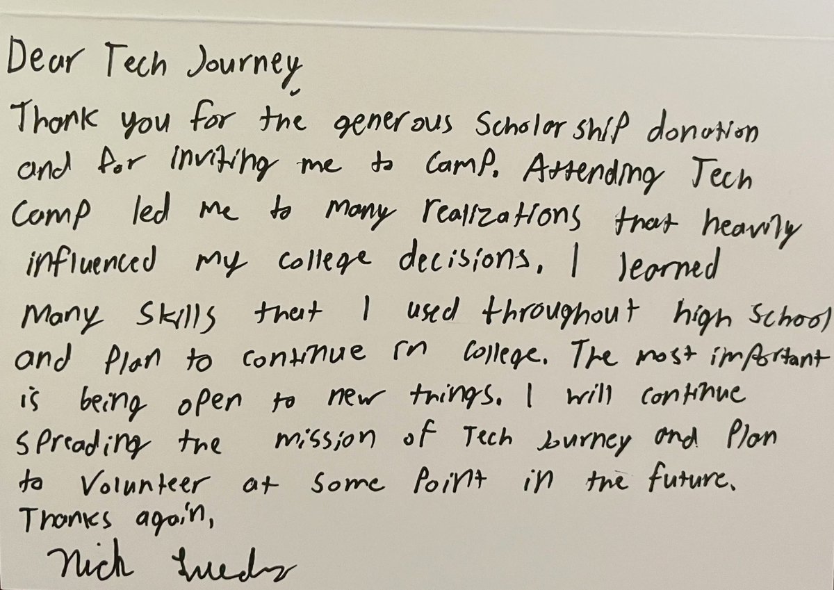 TechJourneyDSM's tweet photo. Receiving a hand-written thank you note from a student is always a highlight; but we can't take all the credit. THANK YOU volunteers, sponsors and community stakeholders who come along side us and make an impact! 👍 #STEM #IowaTech #InspireYouth https://t.co/ETGoRBh5GD