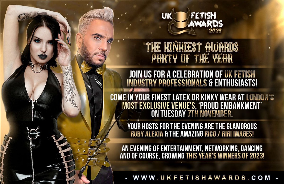 The @UkFetishAwards will be hosted by @ririimages and my absolutely stunning co-host, the amazing @missrubyalexia ENTER NOW @ UKFetishAwards.com And get promoted by us 😈 Voting starts on 24.09.23. Tickets now available proudlate.com/event-details/… #UkFetishAwards2023