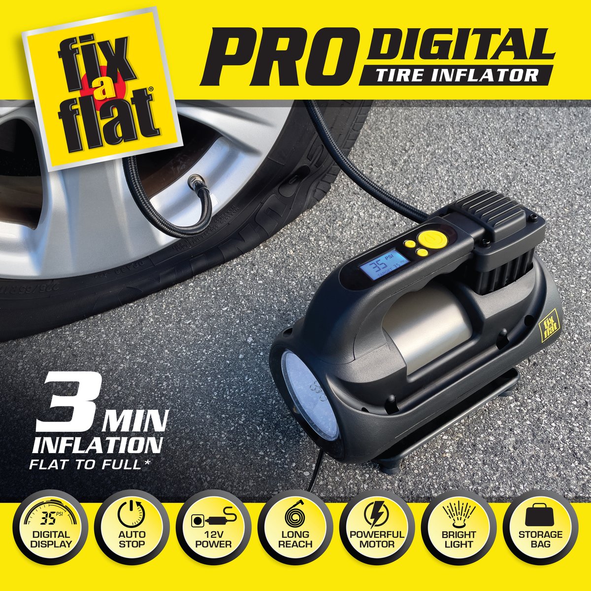 fixaflat's tweet photo. Inflate with ease and precision using the Fix-a-Flat Pro Digital Tire Inflator! Perfect for larger tires, it's equipped with a powerful motor, extended air hose, and Perfect Pressure Technology. Shop now: https://t.co/X8DfuAgULk https://t.co/3rRo9DQqYJ