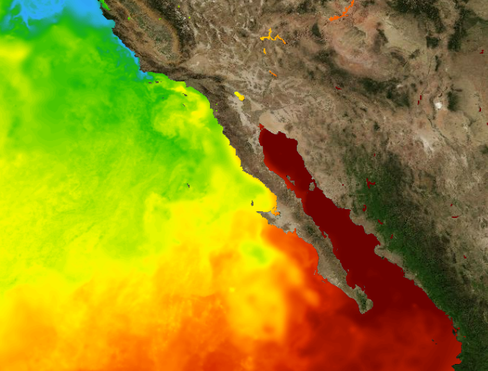 NWSSanDiego's tweet photo. NASA Earth imaging shows significant cooling over the northern Gulf of California after the passage of Hilary. At least in the short term, this could mitigate the humid Gulf Surges we tend to see this time of year into the lower desert areas. #Cawx https://t.co/fByJrugNTJ
