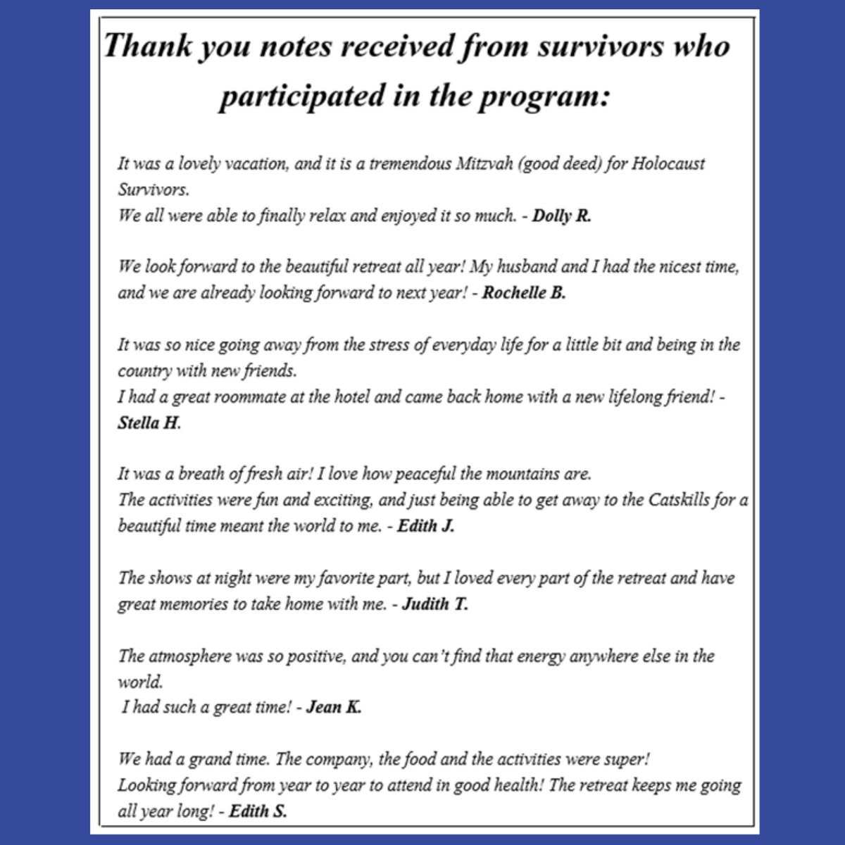 TheBlueCard's tweet image. We were so happy to host 40 of our Holocaust Survivors for our Summer Retreat Program in the Catskills! Scroll to see pictures and reviews from some of the participants!