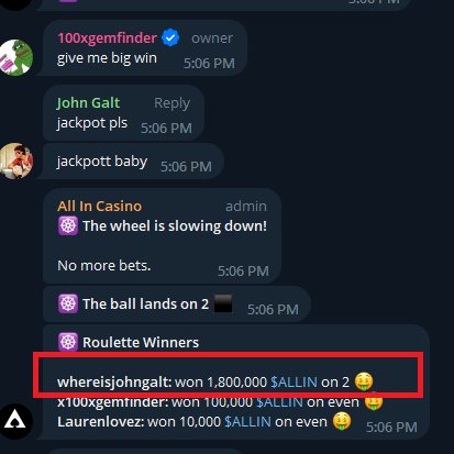 Enjoy playing roulette with your fellow degen friends?

we are now integrating roulette into communities!

Hitting a 35x has never been easier 🤑

t.me/hundredxgem is the first chat to have All In Casino integrated! 

Congrats <a href="/rektmillionaire/">Rekt Millionaire</a> on the massive 1 ETH win!