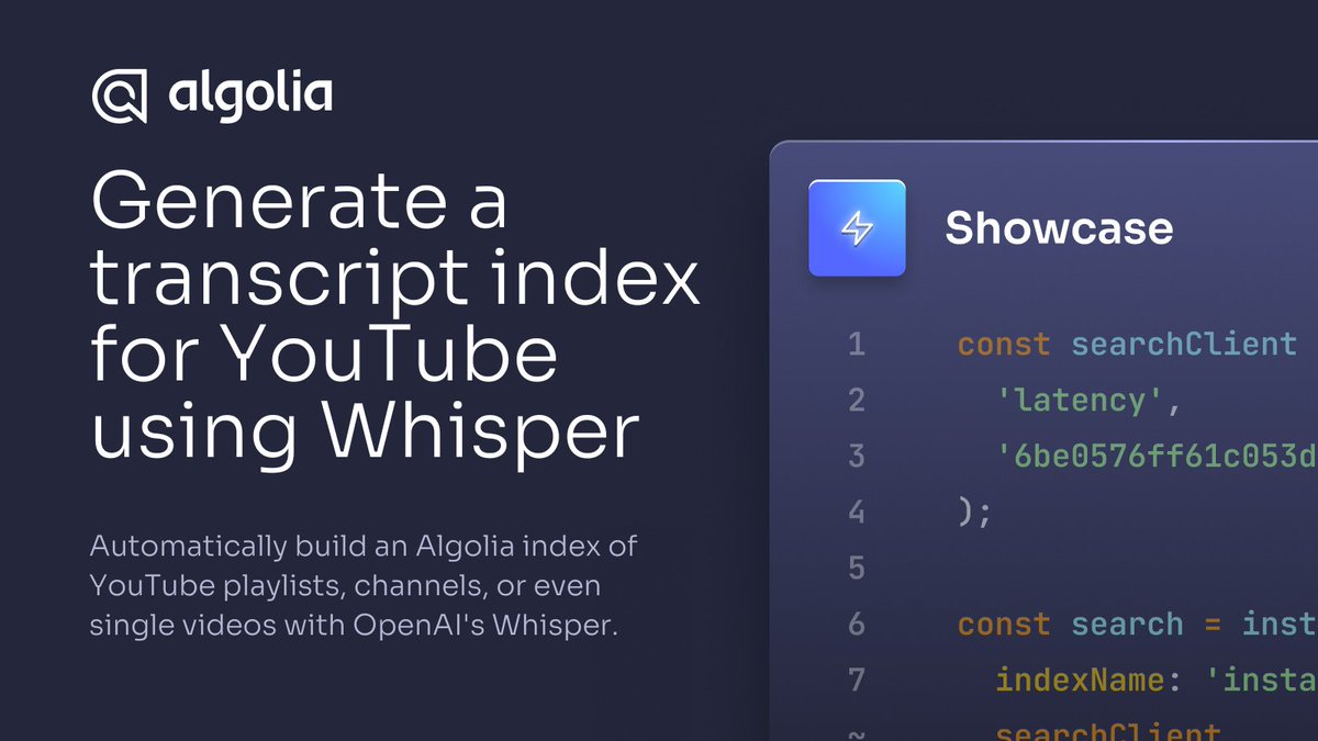 algolia's tweet image. 📣 Now live on the Algolia #CodeExchange: Harness the power of @OpenAI&apos;s Whisper to automatically build an Algolia index of YouTube playlists, channels, or even single videos.

Start building 👉 bit.ly/3YqQ6cX

Tweet @ us any other code templates you&apos;d like to see!