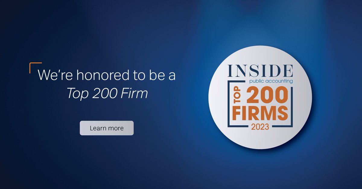 KraftCPAs's tweet photo. KraftCPAs has been ranked as a Top 200 Firm for 2023 by INSIDE Public Accounting (IPA). IPA ranked KraftCPAs as the 148th-largest accounting firm in the U.S. and the fifth-largest independent accounting firm in Tennessee. Learn more: https://t.co/bdHaT8M6LR #IPATop200 https://t.co/FDL7DFTdR5