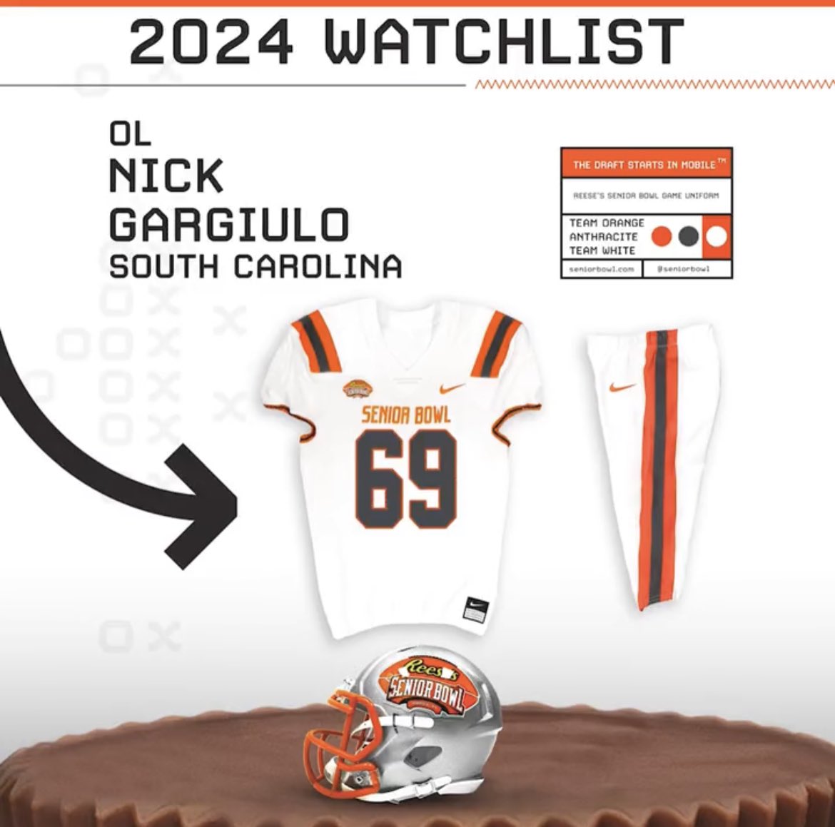 Several Gamecocks made the Senior Bowl Watchlist! First up the Gamecock offensive Players: 

OL Nick Gargiulo <a href="/Gargiulo_66/">Nick Gargiulo</a>