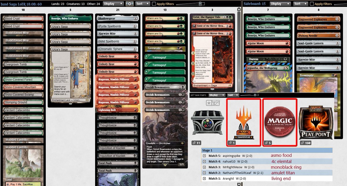 Symo66's tweet photo. 🏆JUND SAGA TIME,  just copy @RespectTheCat90 list and swap 3 cards according to my style of play, sometimes seeing the 3 drops on turn 3 was clunky, maybe I should cut one...
also proud to beat one of the best MTGO USER 😉 @Aspiringspike in the last match. https://t.co/7BGgvlel8O