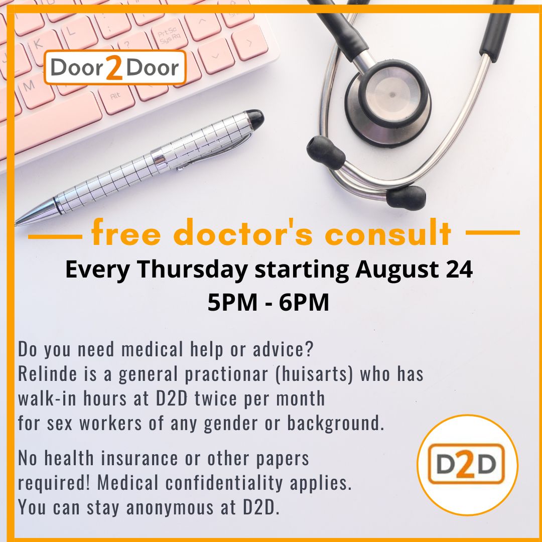 Door2DoorRdam's tweet photo. Starting August 24 there will be a free doctor's consult every Thursday from 5Pm till 6PM.
You can see doctor Relinde for #primarycare or #papsmears. The office hour is free, anonymous and no appointment necessary.
#door2doorrotterdam #gratishuisarts #freedoctor #sekswerk https://t.co/PzU8h1g1n4