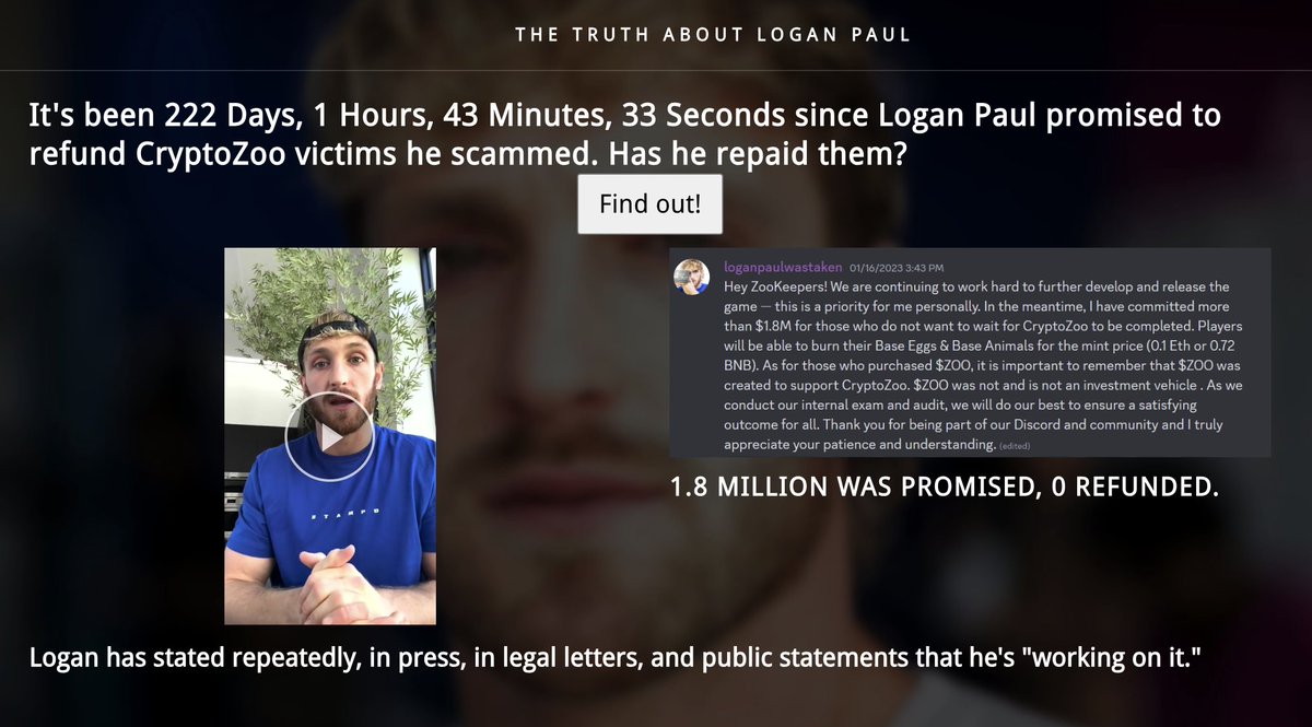 There is now a website that counts the days since Logan Paul promised to pay back investors in CryptoZoo