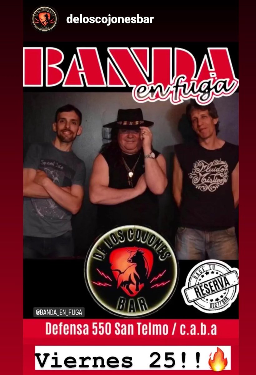 bandaenfuga's tweet photo. HOLA AMIGOS: reserven por mensaje al Instagram del local .... También pueden escribir al whatsapp +54 9 11 5120-6760
los esperamos . ❤
Reviví los clásicos de rock desde la década del '60 en adelante.
De LosCojones Bar 
#rock #LiveMusic #salida
#guitarra #BandaEnVivo #BandaEnFuga https://t.co/4WHKkhQVtb