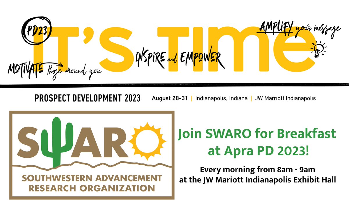 apraswaro's tweet photo. Join SWARO for Breakfast at Apra PD 2023! @Apra_HQ 

Every morning from 8am - 9am in the JW Marriott Indianapolis Exhibit Hall

August 29th, 30th, and 31st, 2023

Look for the SWARO logo!

For information, please contact Jessica Channell-Iler

at jessica.channell-iler@unlv.edu https://t.co/e9gVoBTdap
