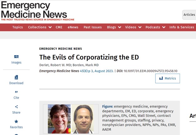 EMNews's tweet photo. #CMGs have #EDs in a chokehold, overcharging for visits, telling #EPs how to practice, firing those who disagree w/them.
Robert Derlet, MD, & Mark Borden, MD, say EPs must push back against corporate #EM https://t.co/GB4P5ht20R
#PEoutofEM @TakeMedBack @RobertMcNamar12 @aaeminfo https://t.co/0x4wx7oKpD