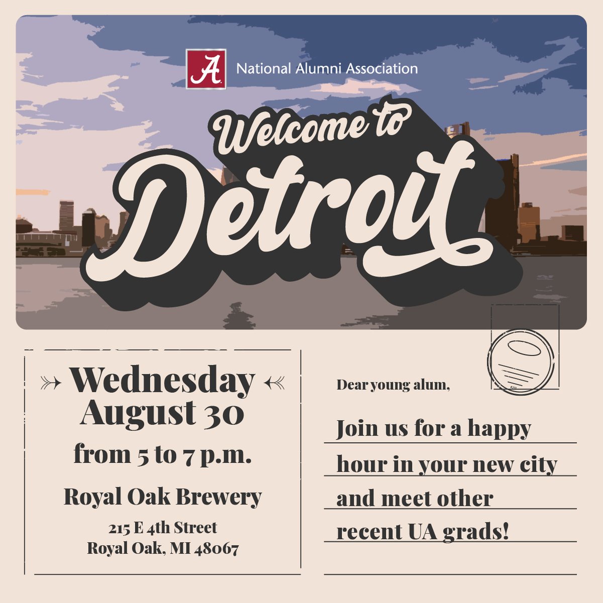 Bama Michiganders in Metro Detroit: we want you to come to Royal Oak Brewery next Wednesday! Free drinks + happy hour appetizer specials = can't miss event. Meet other young alums in the area and learn about the local chapter. See you there! 🍻

eventbrite.com/e/welcome-to-t…