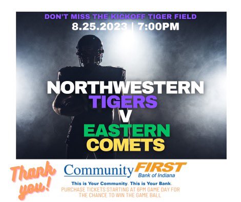 Northwestern Football Boosters will be selling tickets on Friday for a chance to win Friday nights game ball! Thanks to Community First Bank for being the Friday game ball sponsor! See everyone at HOME for a county rivalry  game against Eastern! #NWTigerFB #WeAre #FNL