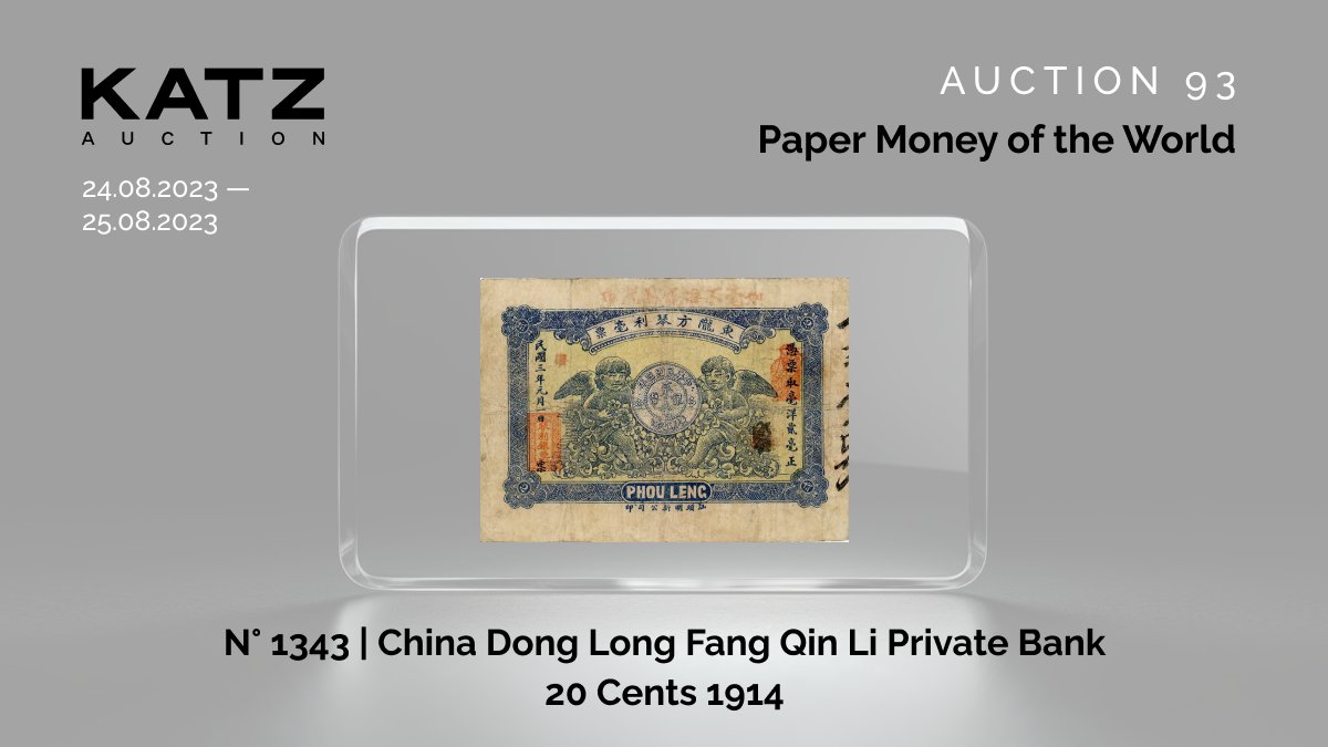 katzauction's tweet photo. N° 1343 | China Dong Long Fang Qin Li Private Bank 20 Cents 1914
https://t.co/oirYqq16y8
F-VF

We have prepared plenty of exciting lots from different periods. Tap the link in BIO and make your bid!

#auction #KATZauction #papermoney #lots #papermoneycollection https://t.co/p9Fkt1vxbr