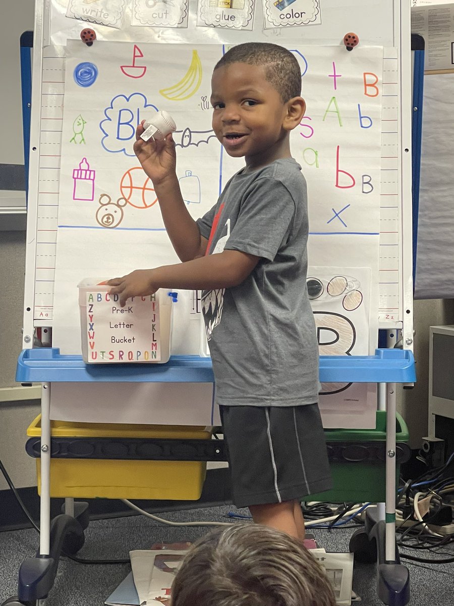 Pre-K had our first letter bucket presentation. This scholar was ready to share his “B” realia & his classmates are eager to see who gets to take bucket home next!