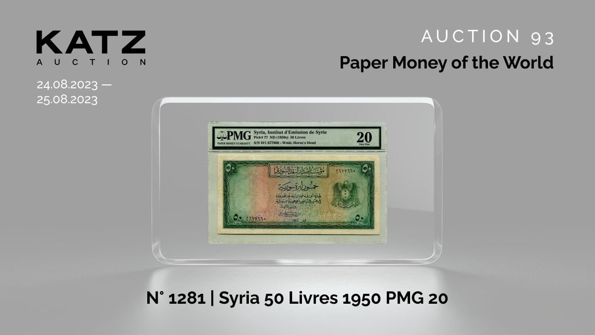 katzauction's tweet photo. N° 1281 | Syria 50 Livres 1950 PMG 20
https://t.co/83D7NU3T5g
P# 77, N# 245651; # H/1 677660; VF

We have prepared plenty of exciting lots from different periods. Tap the link in BIO and make your bid!

#auction #KATZauction #papermoney #lots #papermoneycollection https://t.co/fd7wo13zUG