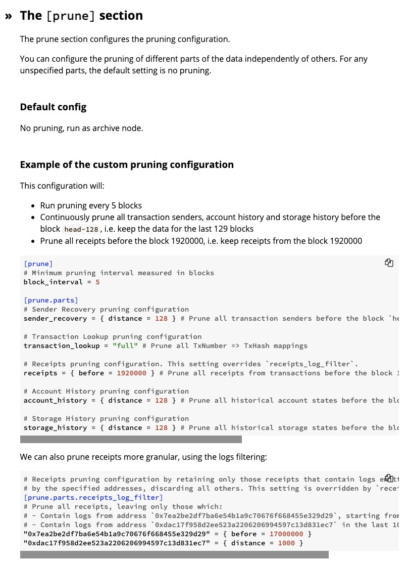 gakonst's tweet photo. Looking for Reth Full Node / Pruning testers.

Disk down to ~1TB-ish with this update, no snapshots/optimizations yet. Sync speed should be improved, but marginally.

Configurable by height/distance + filtering logs only to certain contracts, later prune storage by contract too. https://t.co/P9KxALx0ta