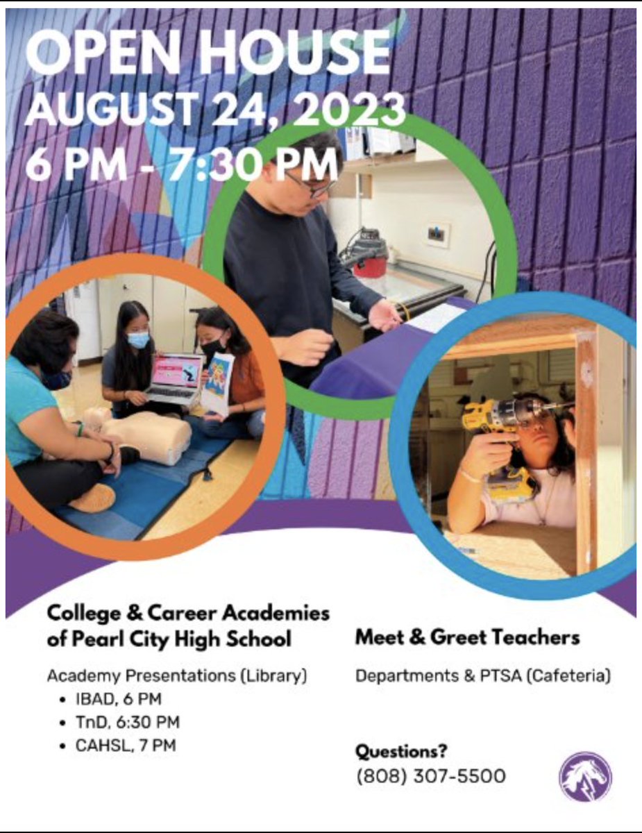 Don't forget! <a href="/PearlCityHS/">Pearl City High School</a>  Open House is tomorrow, August 24th, from 6:00-7:30 pm. You can meet and greet teachers and learn more about our departments in the cafeteria. And, you can hear more about our academy in the library at 6:30. Hope to see you there!