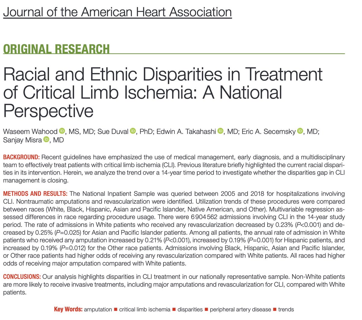 Sanjay Misra MD, FSIR, FAHA, FACR (@misramd) on Twitter photo Congratulations to Dr Wahood on his JAHA paper on disparities in CLTI treatment. #CLTI
#Disparities <a href="/waseemwahood/">Waseem Wahood, MD, MS</a> <a href="/SIR_ECS/">SIR ECS</a> <a href="/SIRspecialists/">Society of Interventional Radiology</a> @CouncilPvd <a href="/AHAScience/">AHA Science</a> Congratulations to Dr Wahood on his JAHA paper on disparities in CLTI treatment. #CLTI
#Disparities <a href="/waseemwahood/">Waseem Wahood, MD, MS</a> <a href="/SIR_ECS/">SIR ECS</a> <a href="/SIRspecialists/">Society of Interventional Radiology</a> @CouncilPvd <a href="/AHAScience/">AHA Science</a>