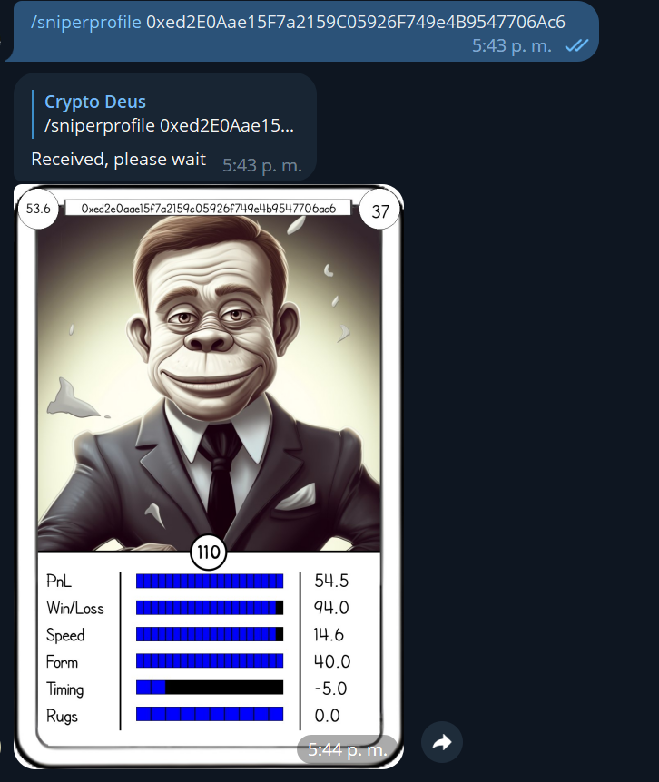 _Block_By_Block's tweet photo. to use it we type the command "/sniperpropfile" , leave a space and paste the wallet.

the result is an image with the most relevant data of that wallet   pnl, profit/loss, speed (minutes), Rugs https://t.co/5VRssbFIAE