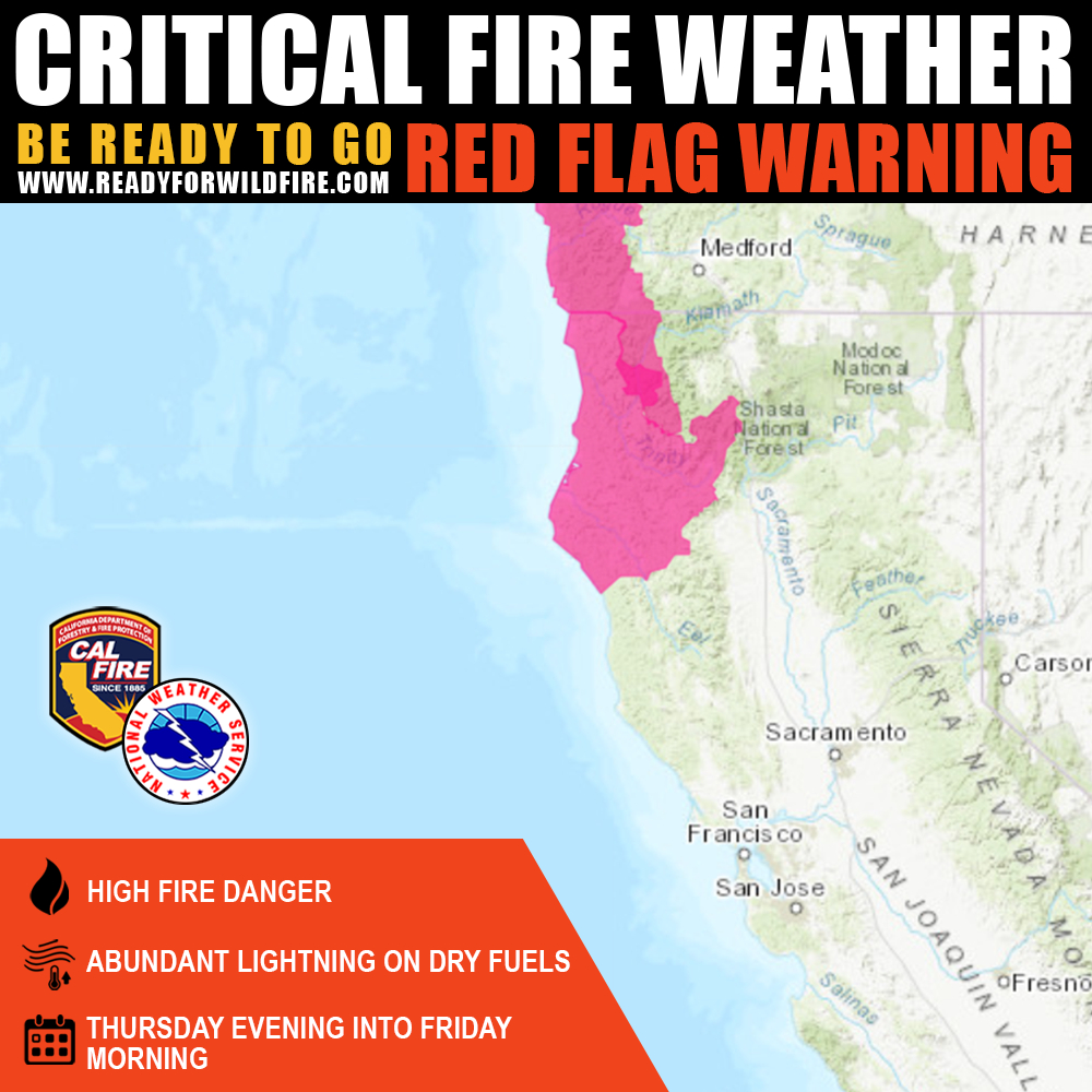 A #RedFlagWarning is in effect for areas of Del Norte, Humboldt, Trinity, and Siskiyou counties, from the evening of Thursday, August 24 into the morning of Friday, August 25 for abundant lightning on dry fuels.

The impacts of such conditions increase the risk of new wildfire